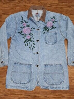 Vtg 90s SunBelt Hand Painted Art Floral Denim Trucker Jean Jacket Sz M Chore